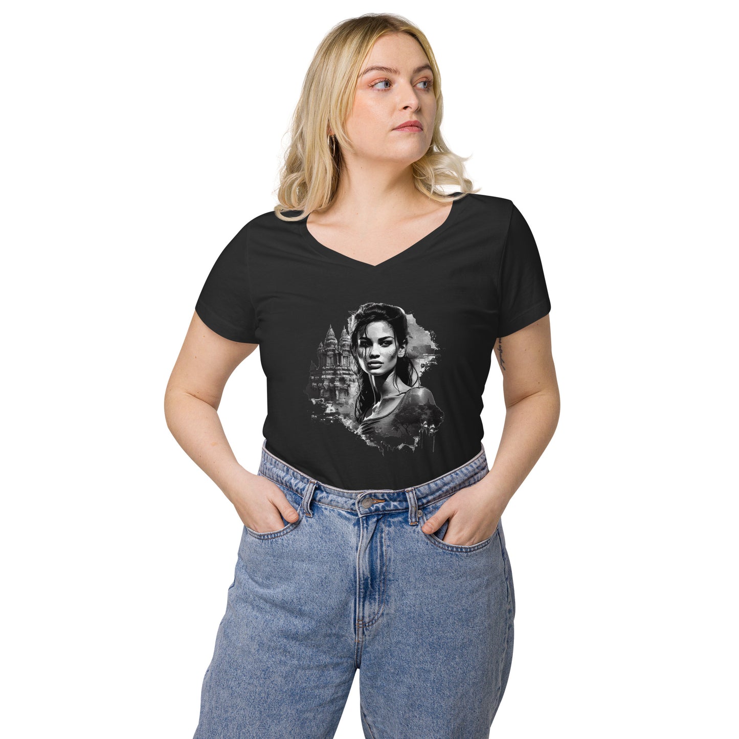 T-shirt col V ajusté femme - Khmer style