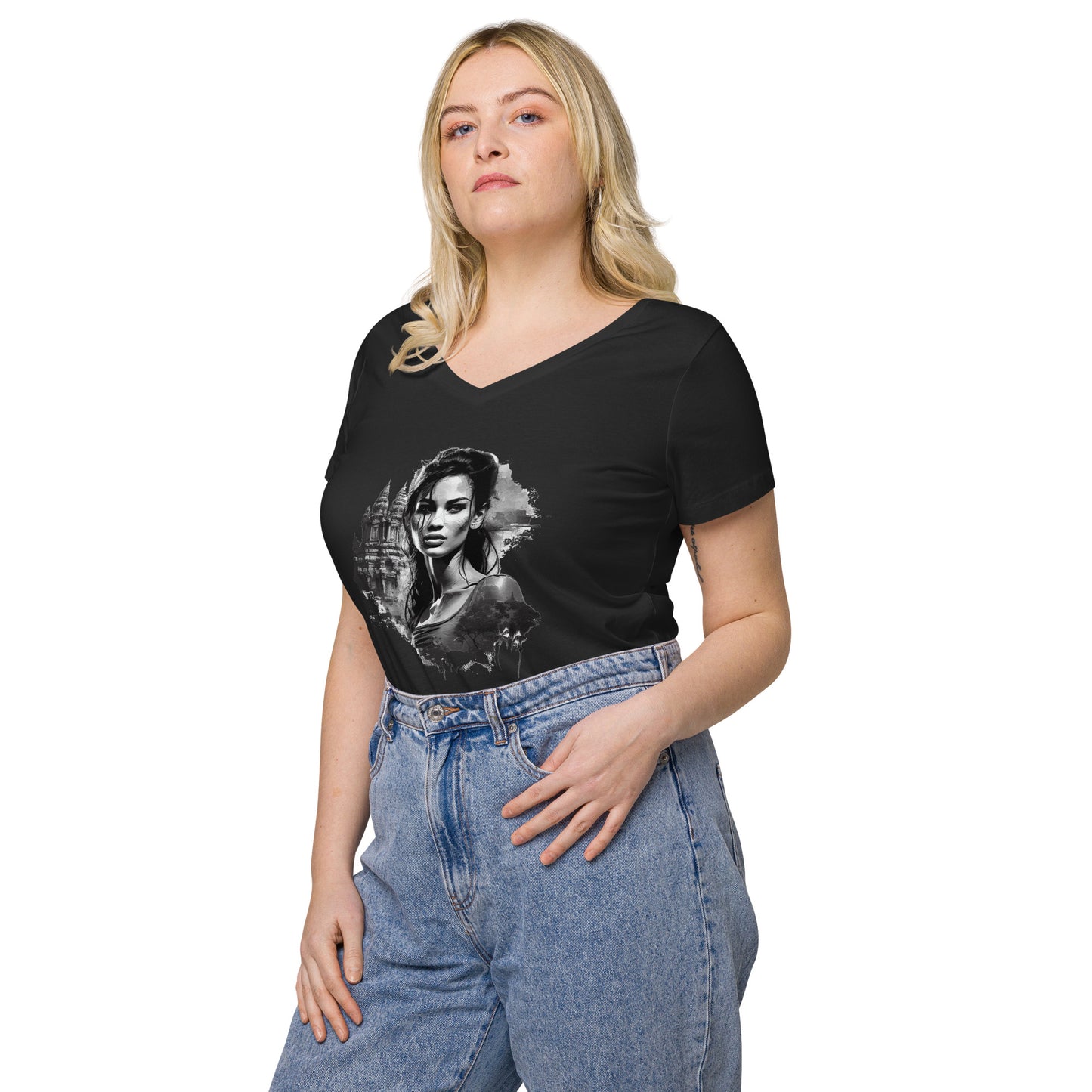 T-shirt col V ajusté femme - Khmer style