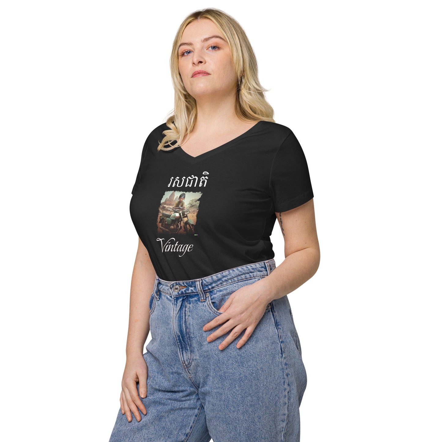 T-shirt col V ajusté femme - Khmer style