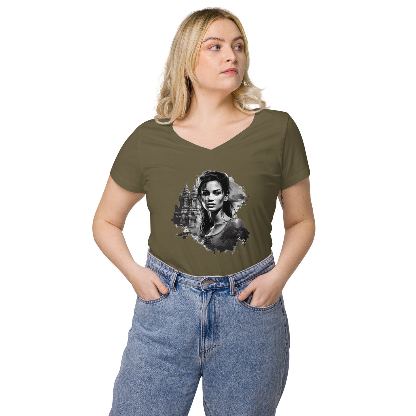 T-shirt col V ajusté femme - Khmer style