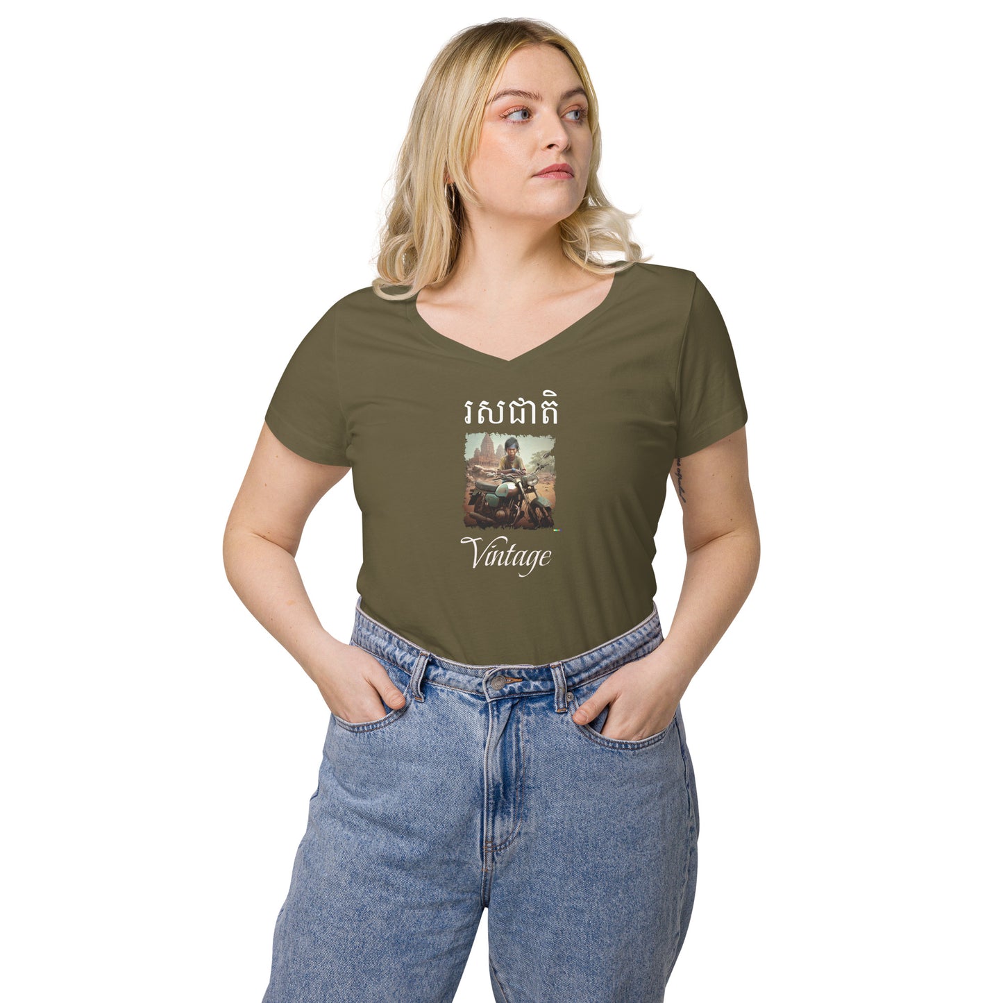 T-shirt col V ajusté femme - Khmer style