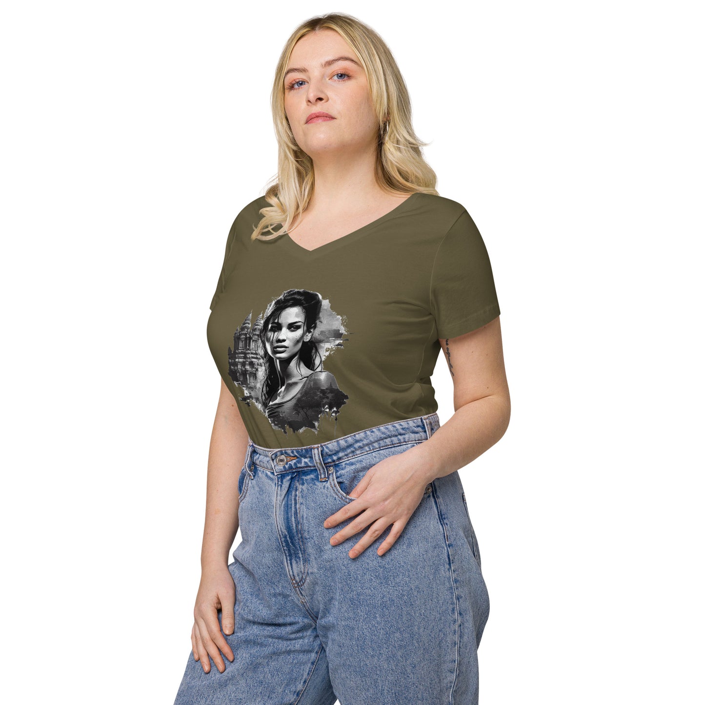 T-shirt col V ajusté femme - Khmer style