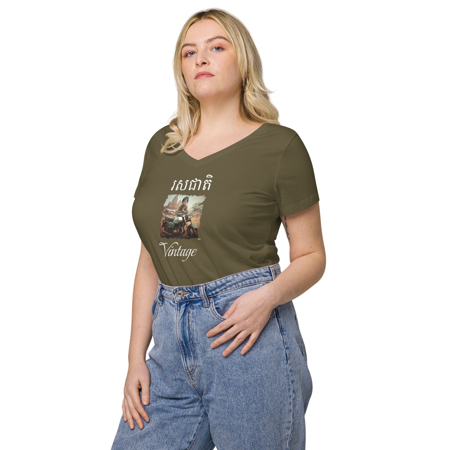 T-shirt col V ajusté femme - Khmer style