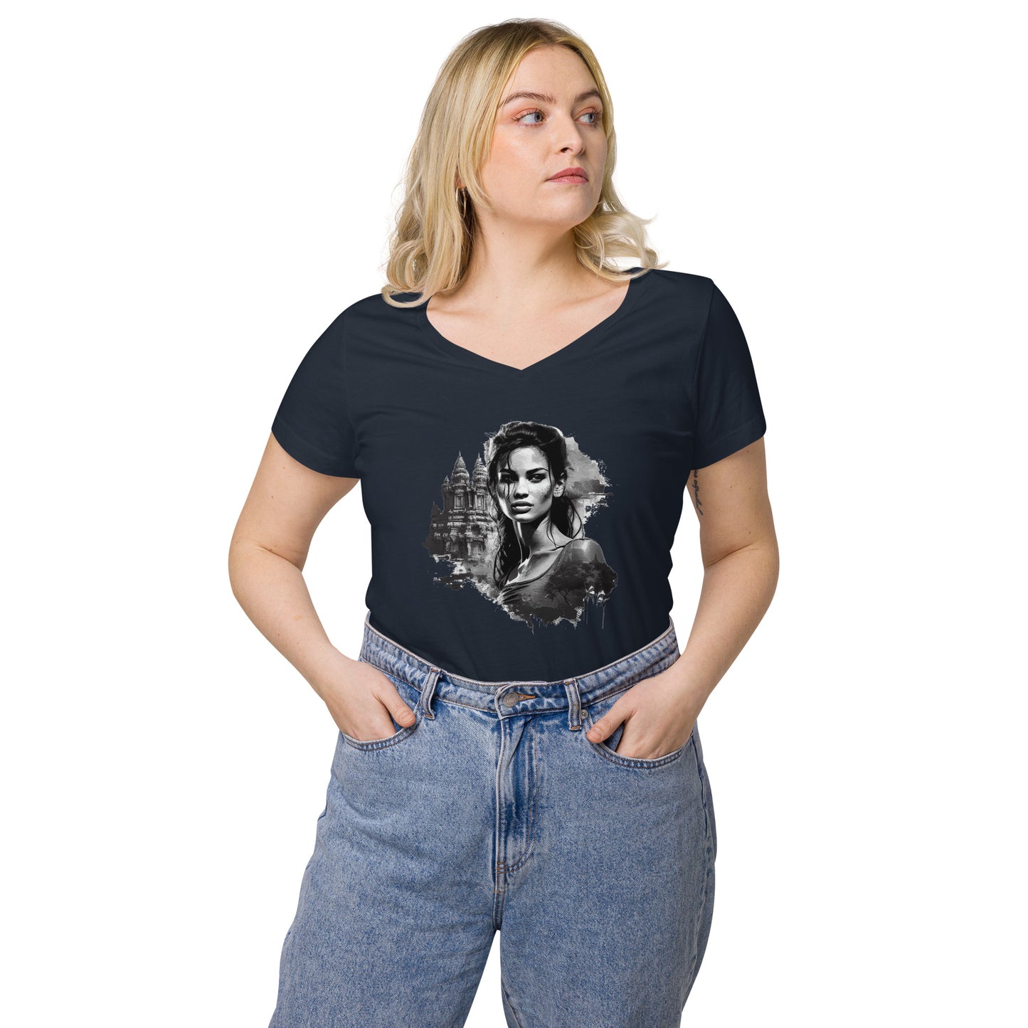 T-shirt col V ajusté femme - Khmer style