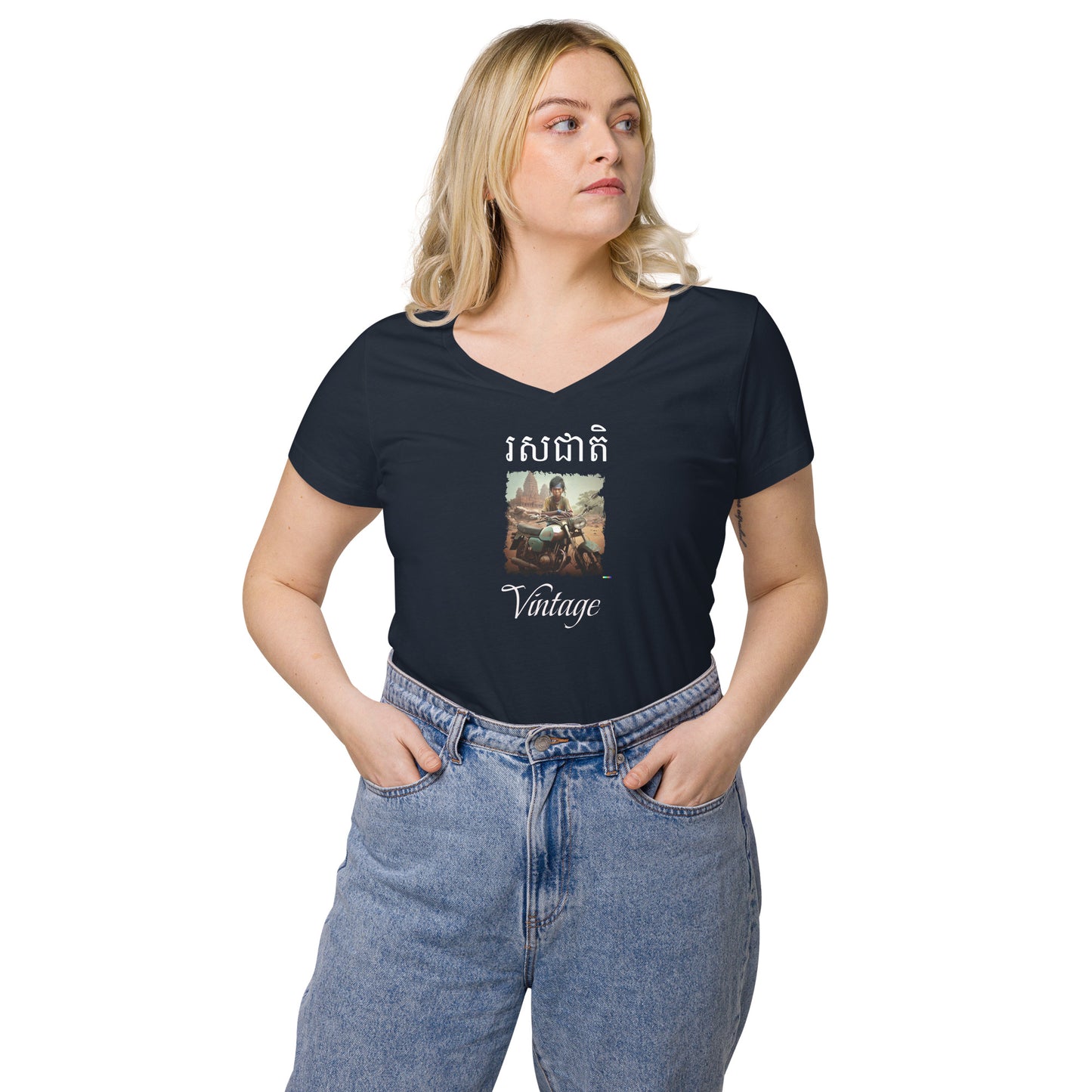 T-shirt col V ajusté femme - Khmer style