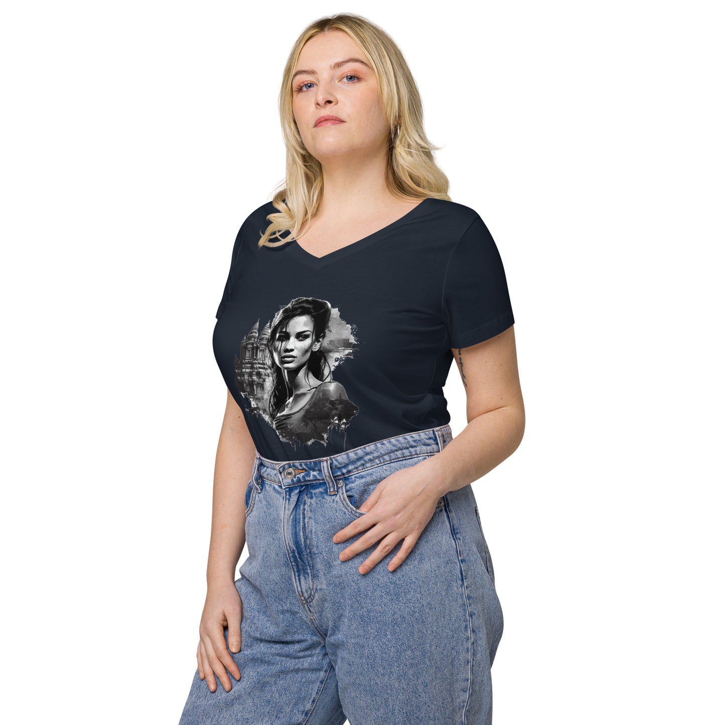 T-shirt col V ajusté femme - Khmer style