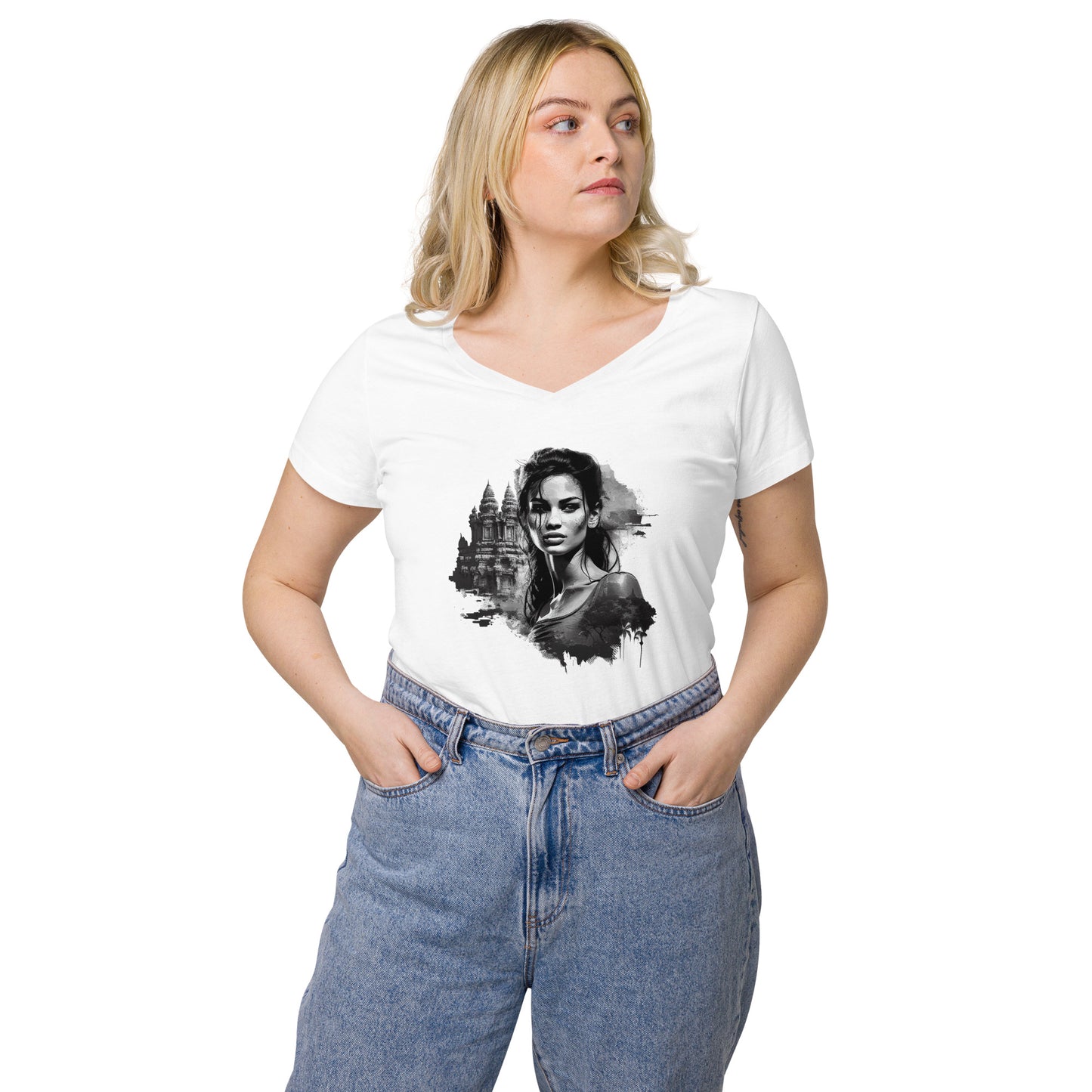 T-shirt col V ajusté femme - Khmer style