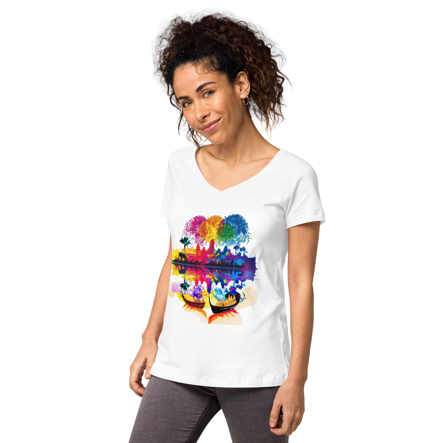 T-shirt col V ajusté femme - Khmer style