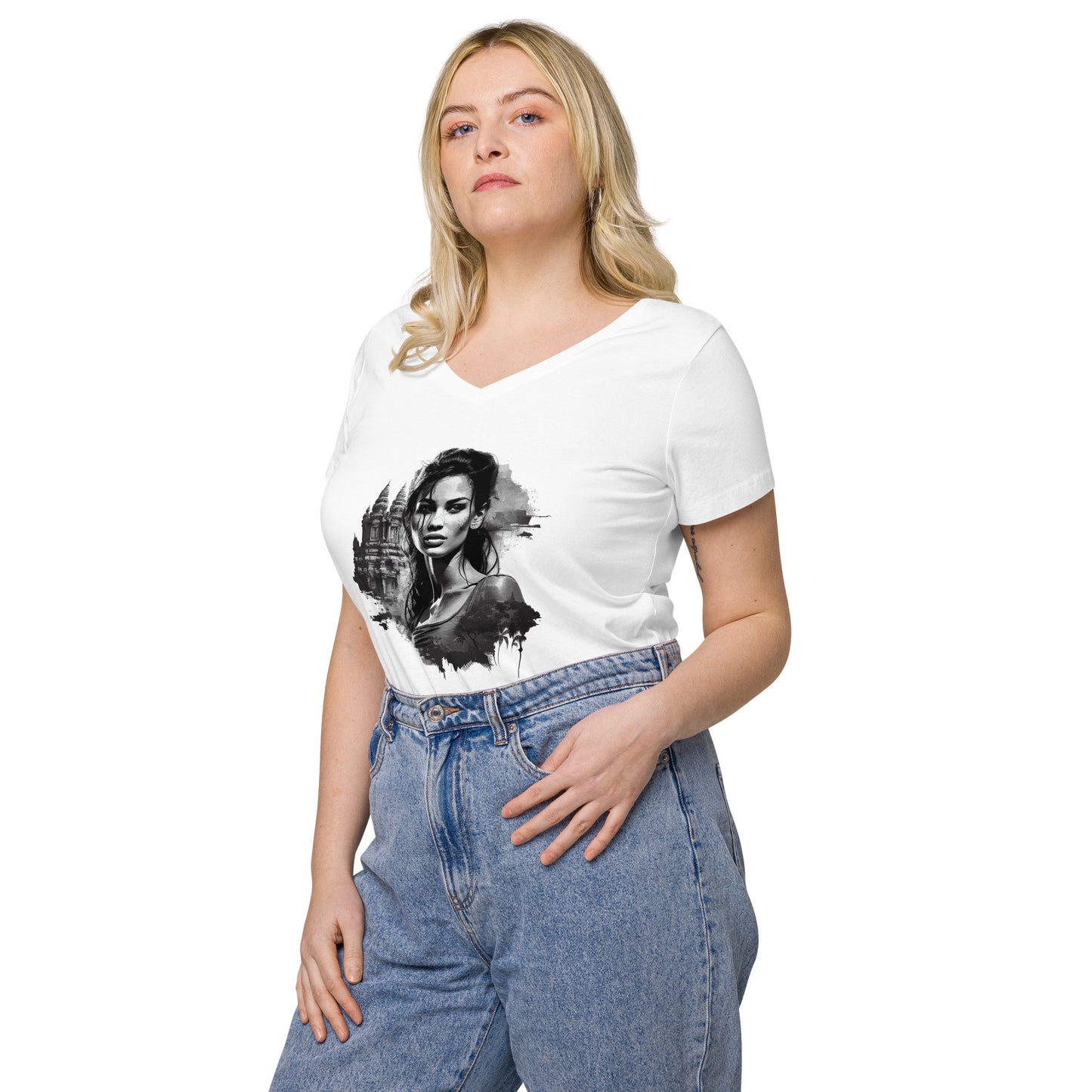 T-shirt col V ajusté femme - Khmer style