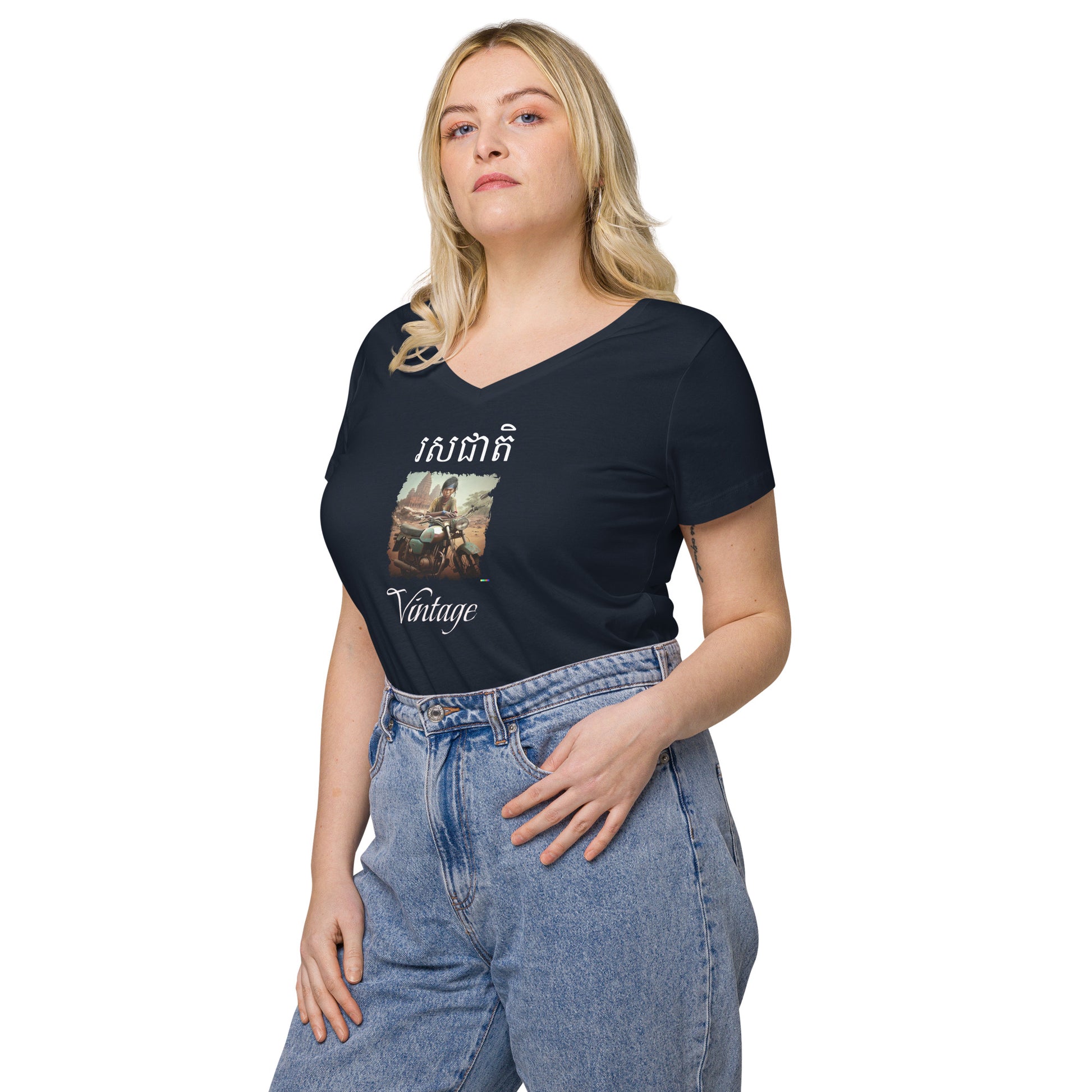 T-shirt col V ajusté femme - Khmer style
