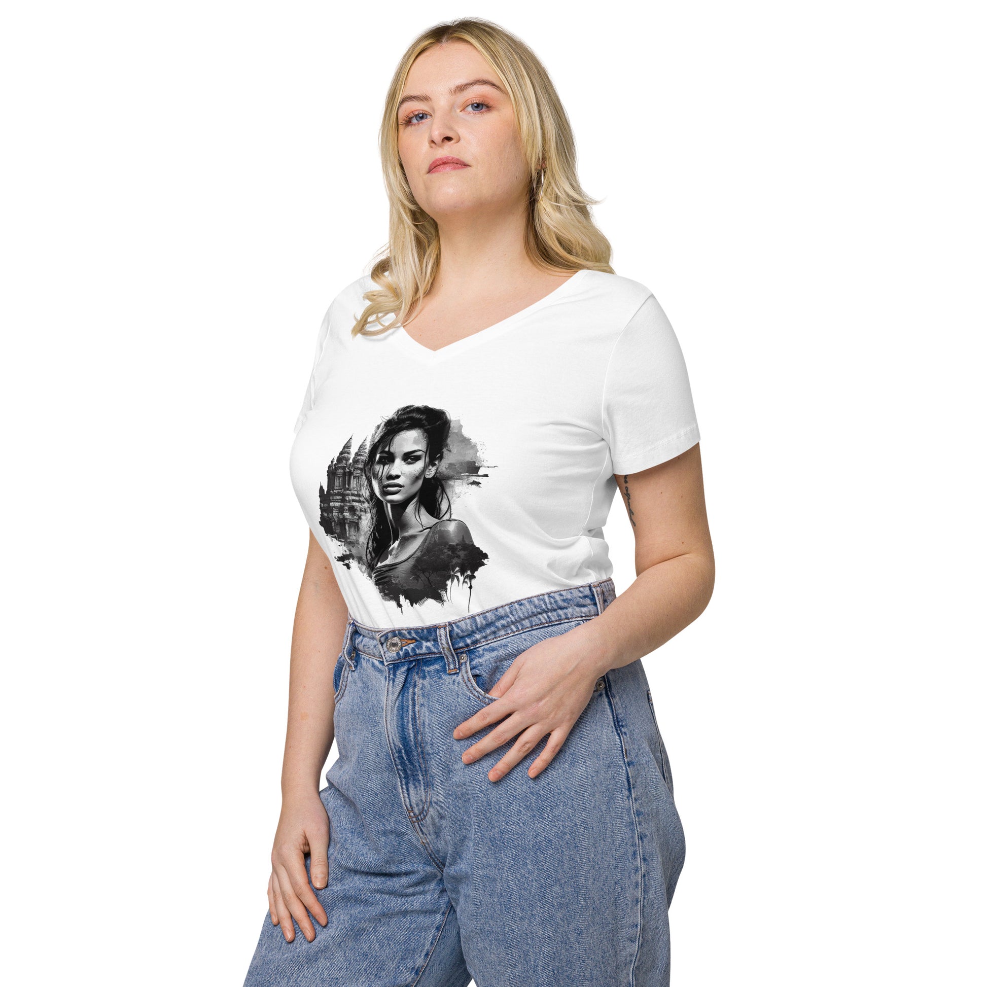 T-shirt col V ajusté femme - Khmer style
